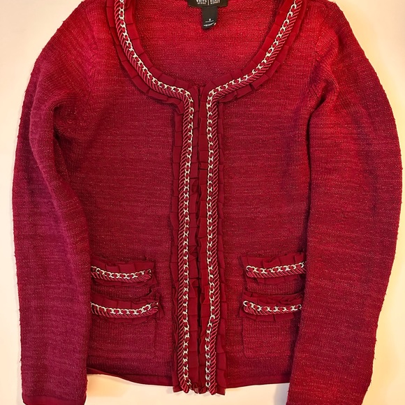 WHBM Cranberry knit sweater with gold chain and lace trim.  Size S.  Excellent - Picture 2 of 3